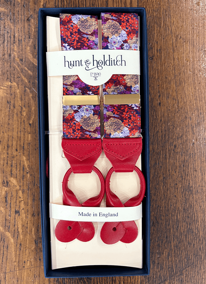 Button Braces | Red Floral | Red Leather Ends