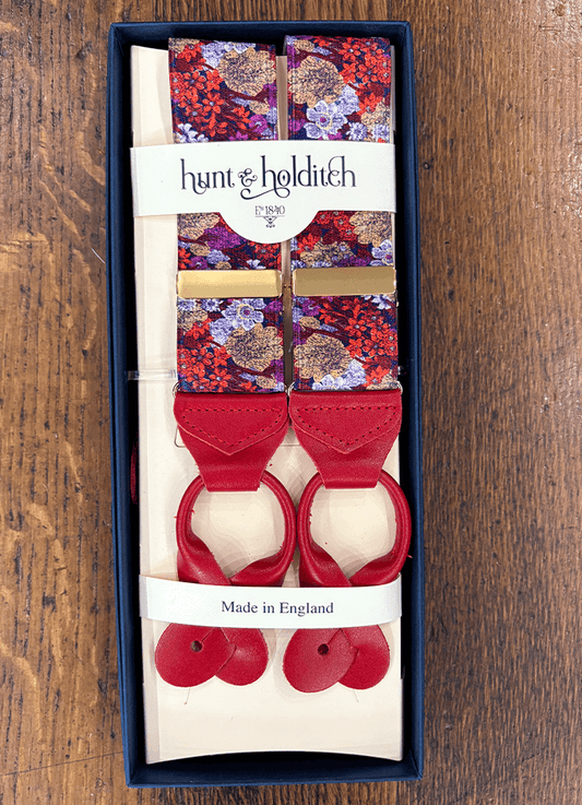 Button Braces | Red Floral | Red Leather Ends