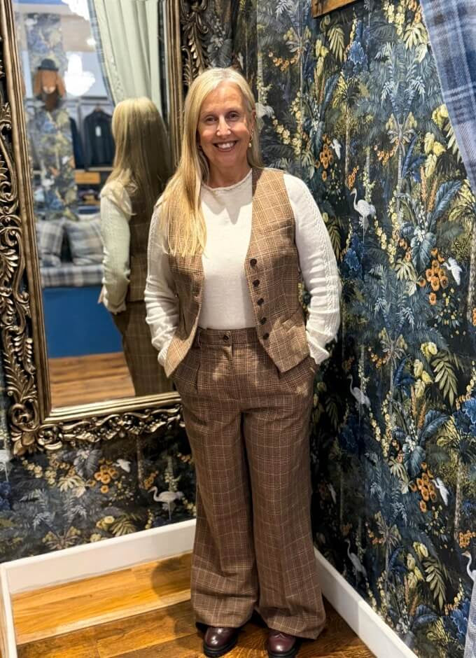 Foxley Wool Rich Wide Leg Tweed Trousers | Brown Check
