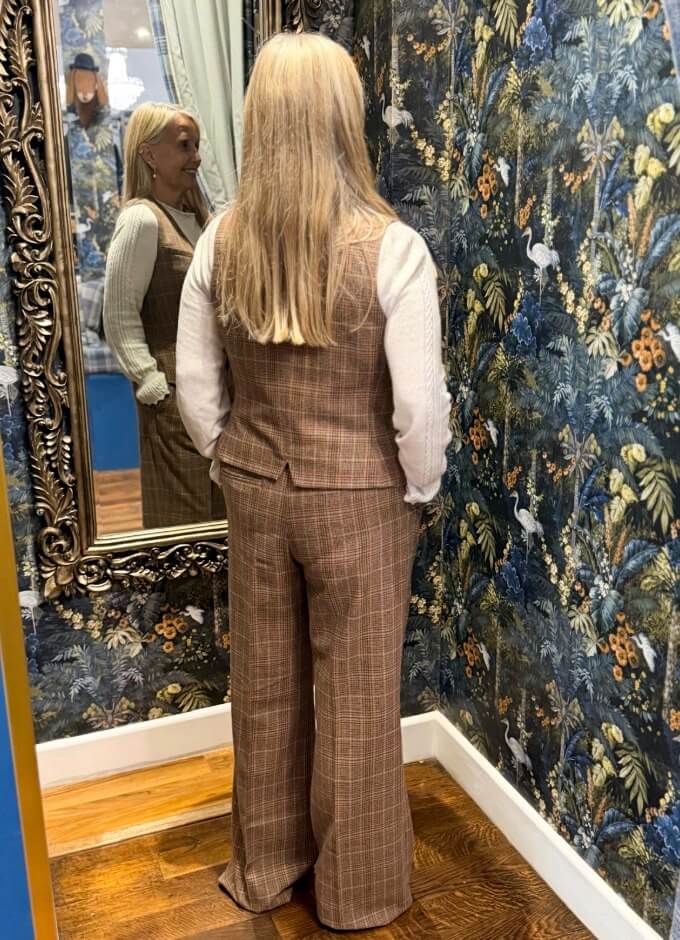 Foxley Wool Rich Wide Leg Tweed Trousers | Brown Check
