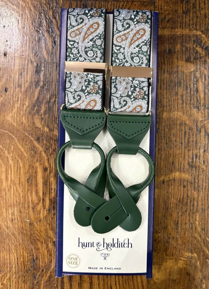 Button Braces | Green & Gold Floral | Green Leather Ends