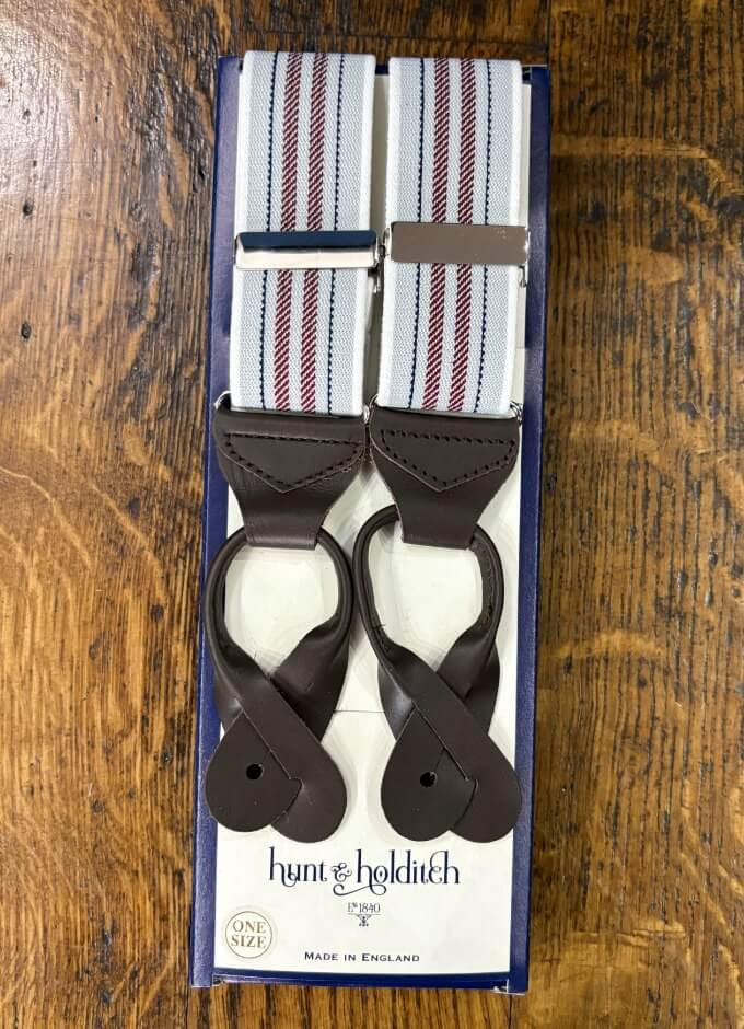 Button Braces | Grey & Burgundy Stripe | Dark Brown Leather Ends