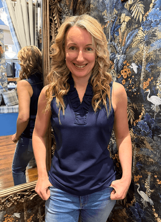 Heidi Navy Sleeveless Frill Neck Jersey Top