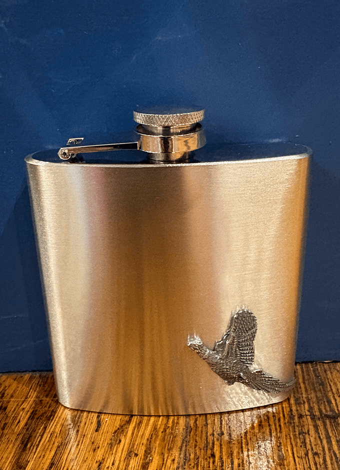English Pewter | 6oz Stainless Steel Hip Flask | Pewter Pheasant Emblem