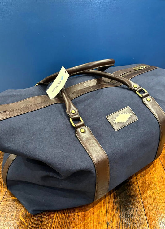 Caballero Large Travel Bag | Brown Leather Navy Canvas