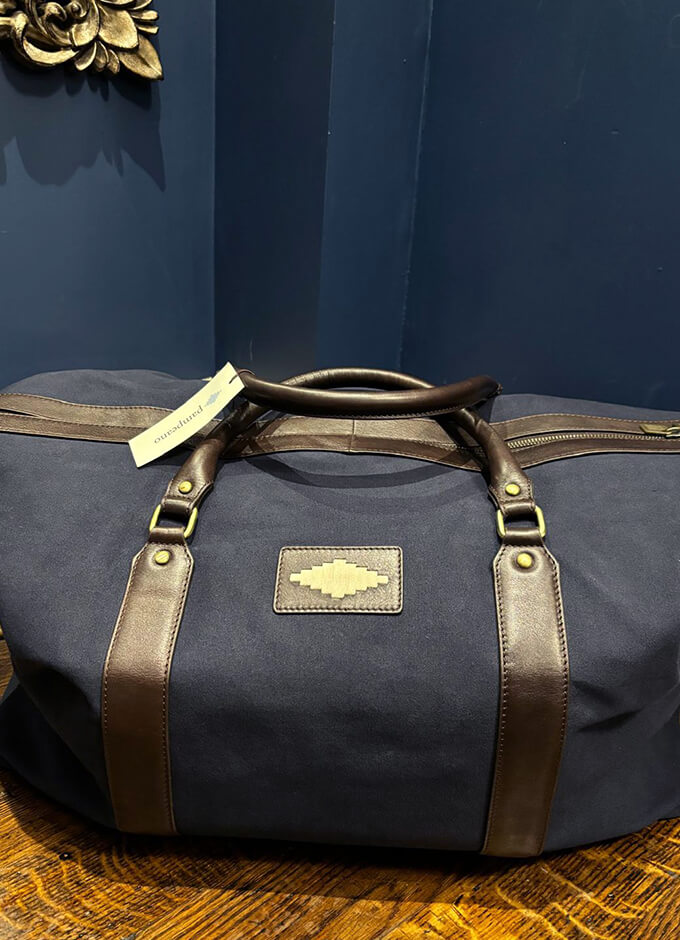 Caballero Large Travel Bag | Brown Leather Navy Canvas