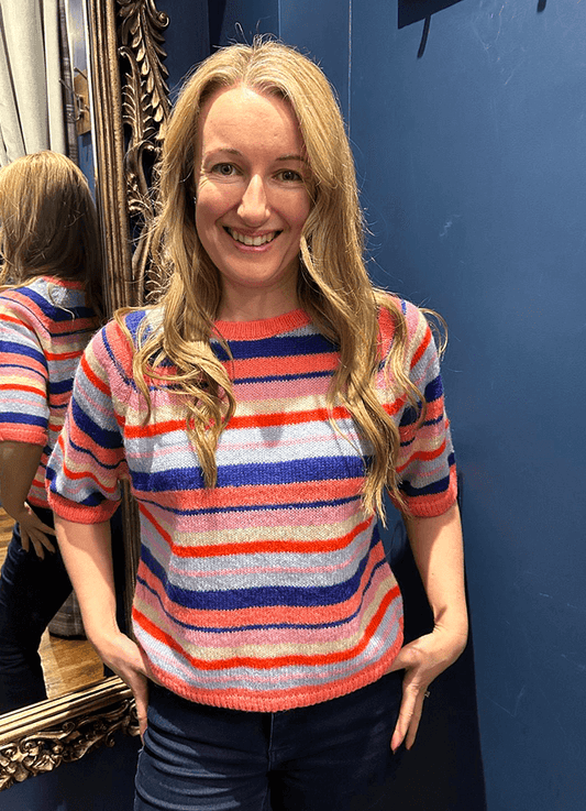 Multi Stripe Half Sleeve Jumper | Mandarin Red Print