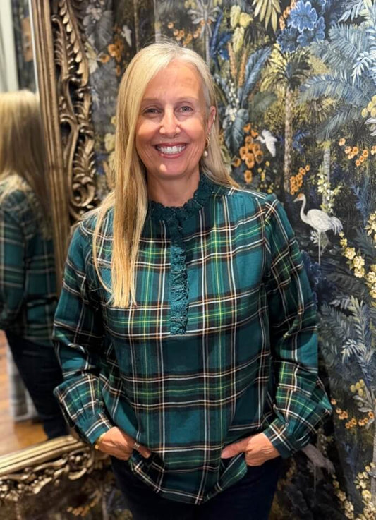 Melanie Green Check Brushed Frill Neck Shirt