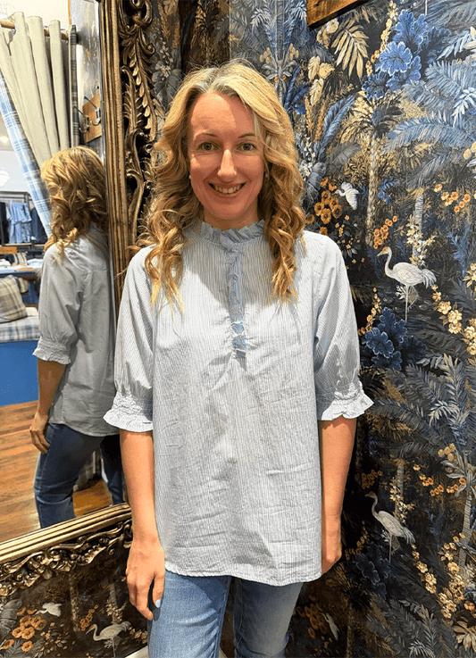 Melanie Blue Short Sleeve Ruffle Blouse
