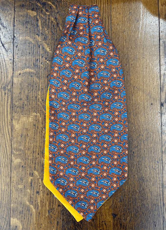 English Printed Silk Cravat | Mid Blue Paisley Bronze Ground