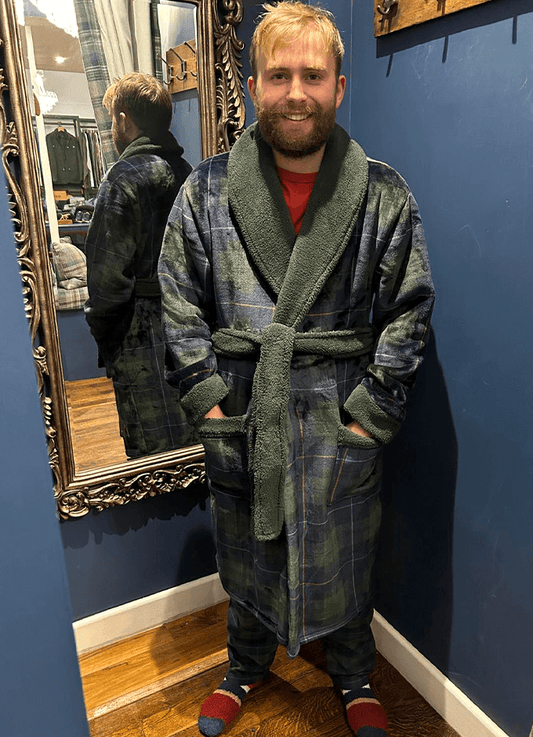 Montague Navy Fleece Dressing Gown | Navy Checked