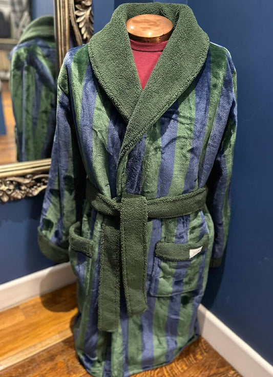 Montague Fleece Lined Dressing Gown | Navy and Green Stripe