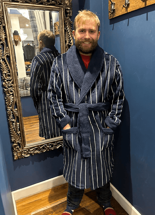 Montague Navy Fleece Dressing Gown | Navy Stripe