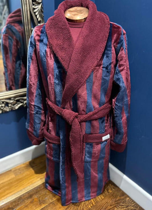 Montague Fleece Lined Dressing Gown | Navy and Red Stripe