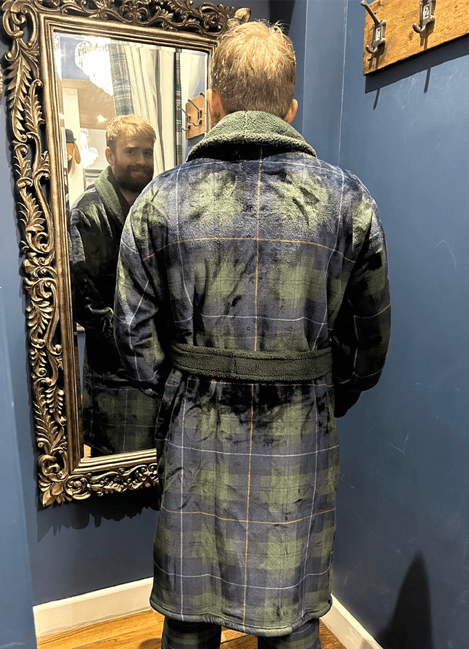 Montague Navy Fleece Dressing Gown | Navy Checked