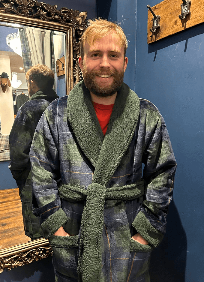 Montague Navy Fleece Dressing Gown | Navy Checked