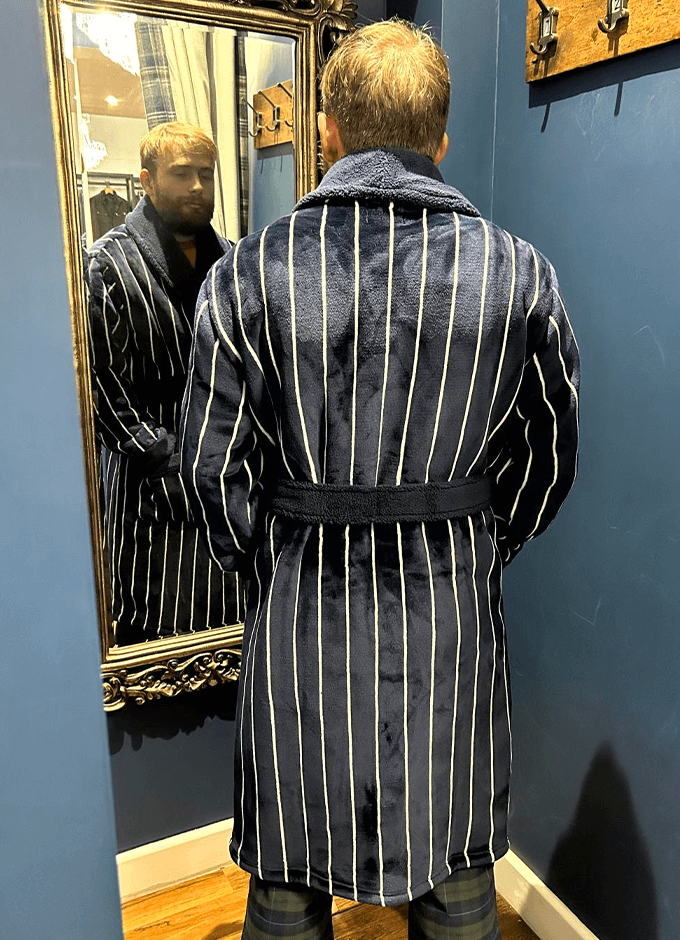Montague Navy Fleece Dressing Gown | Navy Stripe