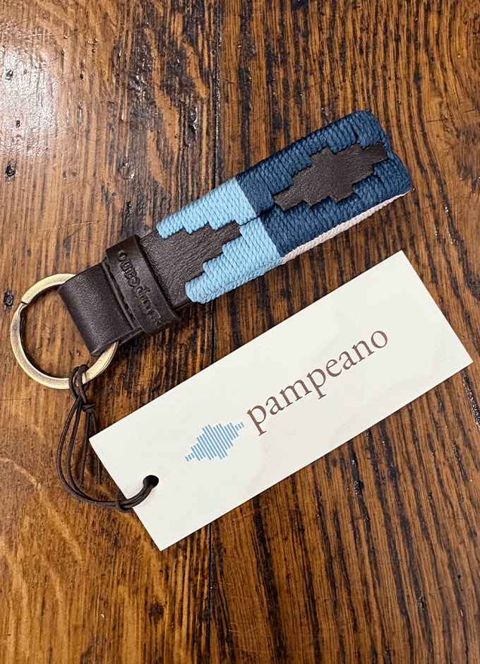 Pampeano | Charro Keyring | Navy, Cream and Sky Blue on Brown Leather