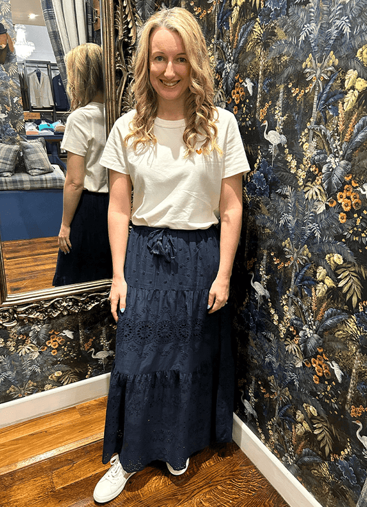 Broderie Tiered Maxi Skirt | Navy