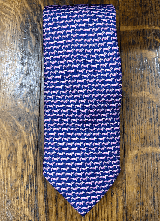 Tie | Soho Silk | Navy Blue With Pink Dachshund