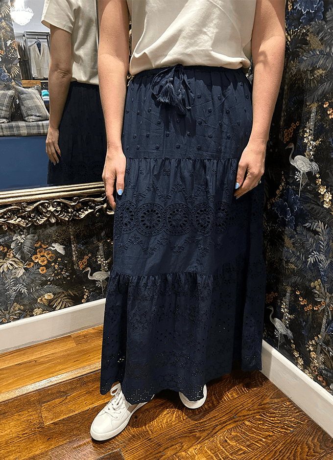 Broderie Tiered Maxi Skirt | Navy