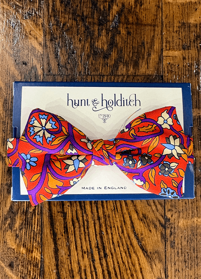 Pre Tied English Printed Silk Bow Tie | Floral Design On Orange Background