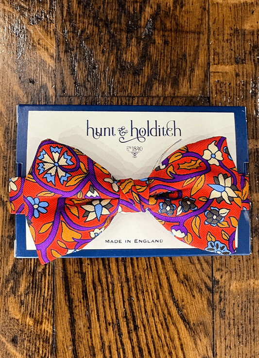 Pre Tied English Printed Silk Bow Tie | Floral Design On Orange Background