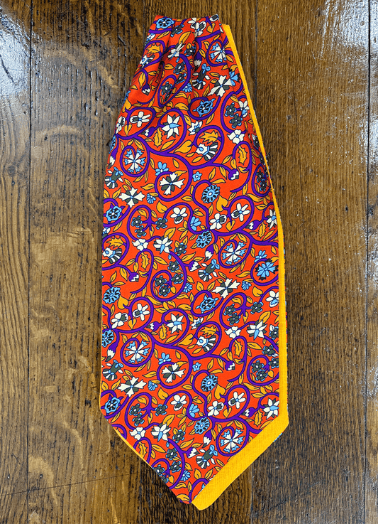 English Printed Silk Cravat | Floral Design On Orange Background