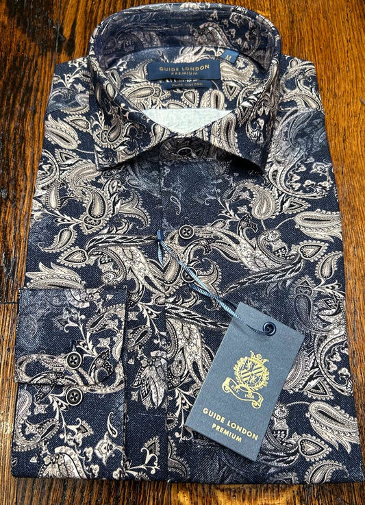 Pure Cotton Paisley Shirt | Navy/Tan