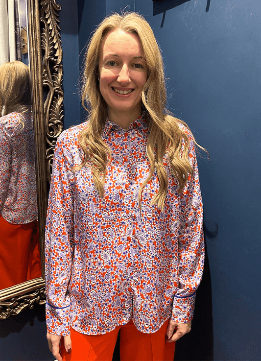 Printed Shirt Collar Blouse | Mandarin Red Print