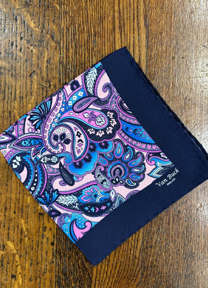 Pink & Blue Floral Paisley Silk Fancy Pocket Square