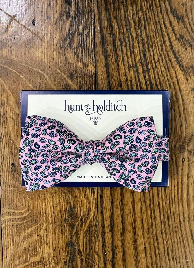 Pre Tied English Printed Silk Bow Tie | Pink Paisley