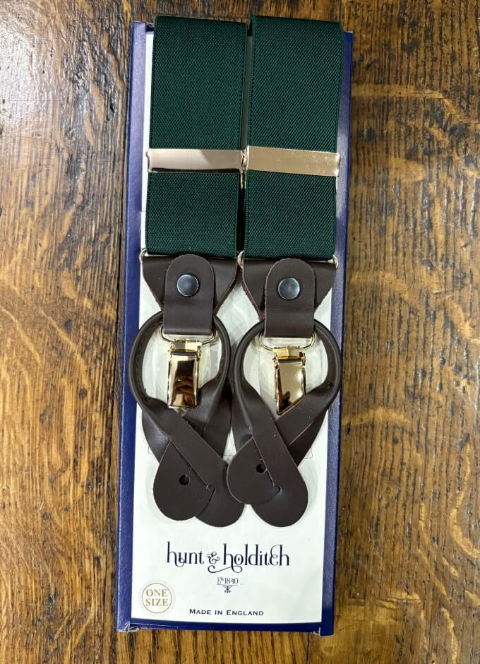 Button/Clip Braces | Plain Green | Dark Brown Leather Ends