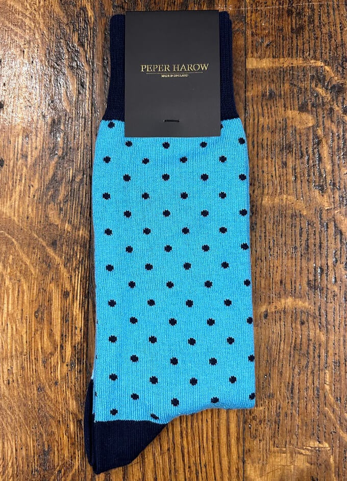 Peper Harow | Mens Pin Polka Socks | Azure