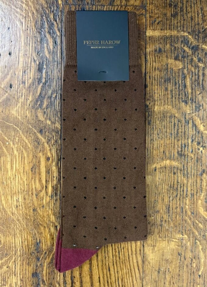 Peper Harow | Men's Pin Polka Socks | Brown