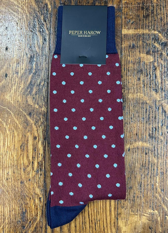 Peper Harow | Mens Pin Polka Socks | Burgundy