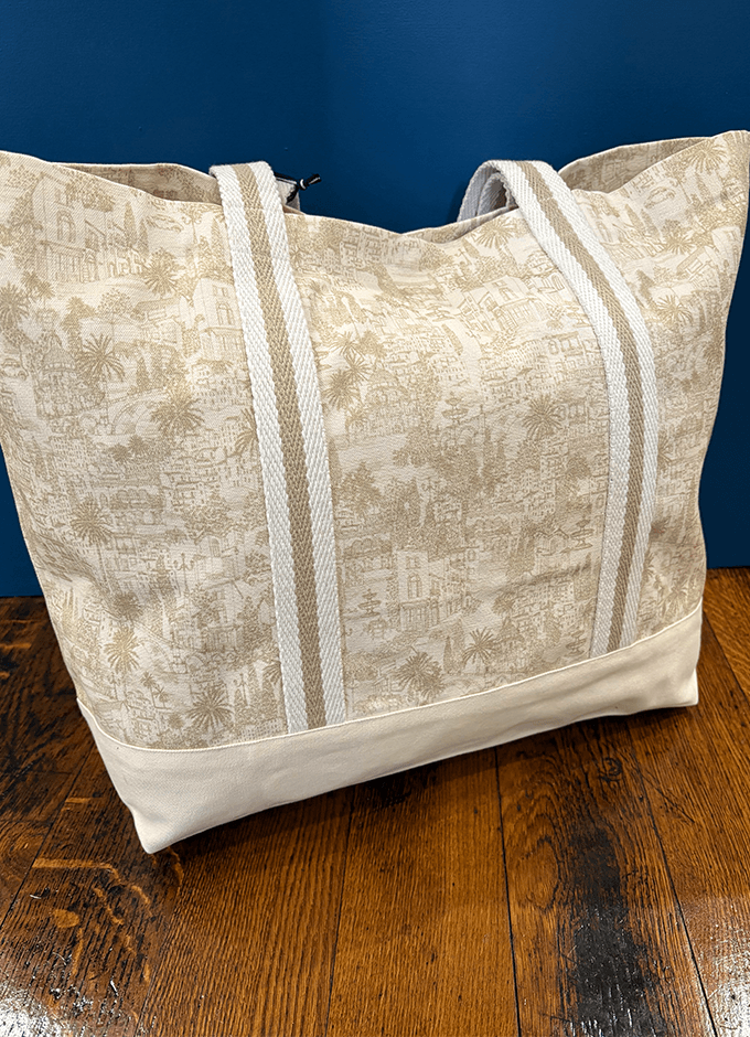 Promenade Neutral Toile De Jouy Canvas Beach Tote Bag