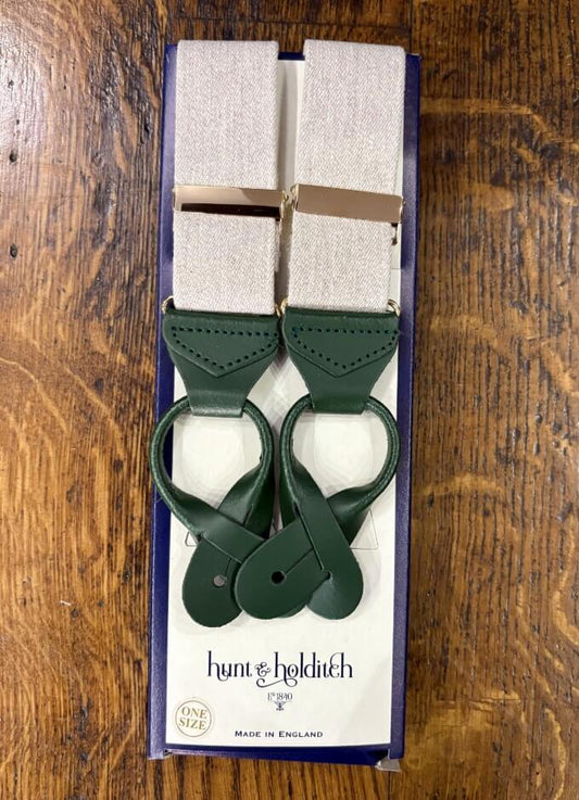 Button Braces | Plain Sand | Dark Green Leather Ends