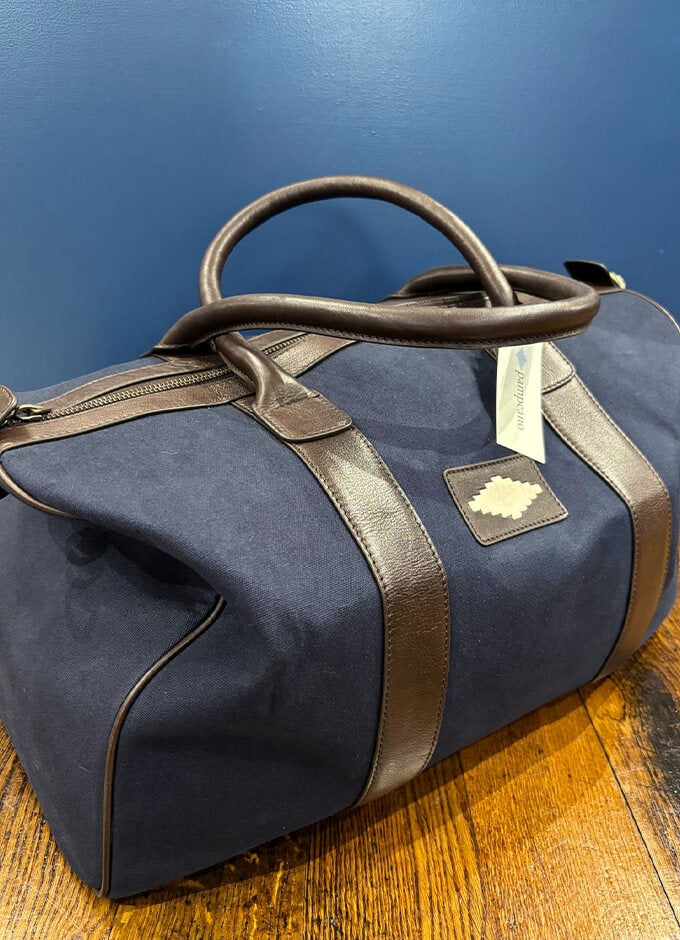 Varon Small Travel Bag | Brown Leather Navy Canvas