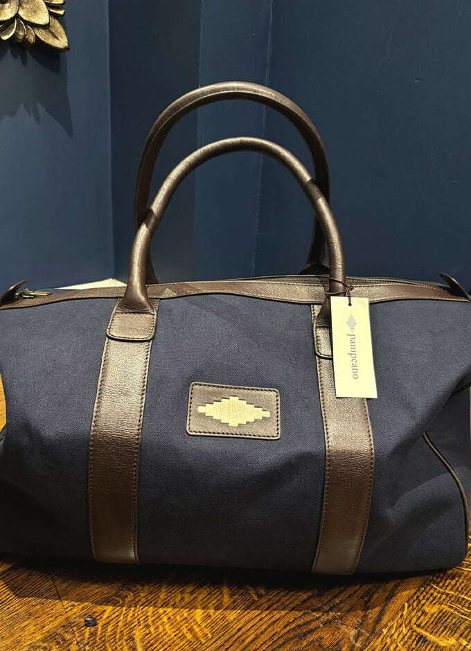 Varon Small Travel Bag | Brown Leather Navy Canvas