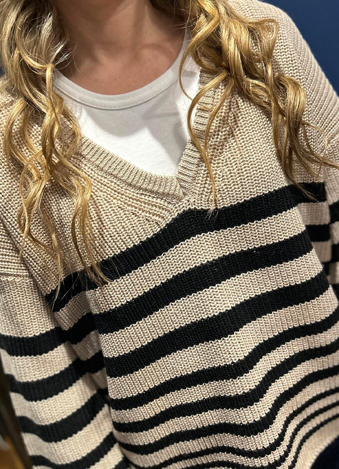 Striped V Neck Pullover | Beige Print