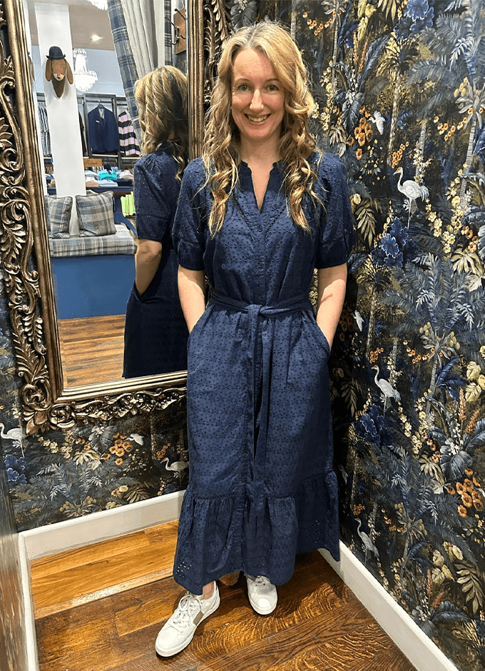 Susanna Short Sleeve Broderie Midi Dress| Navy
