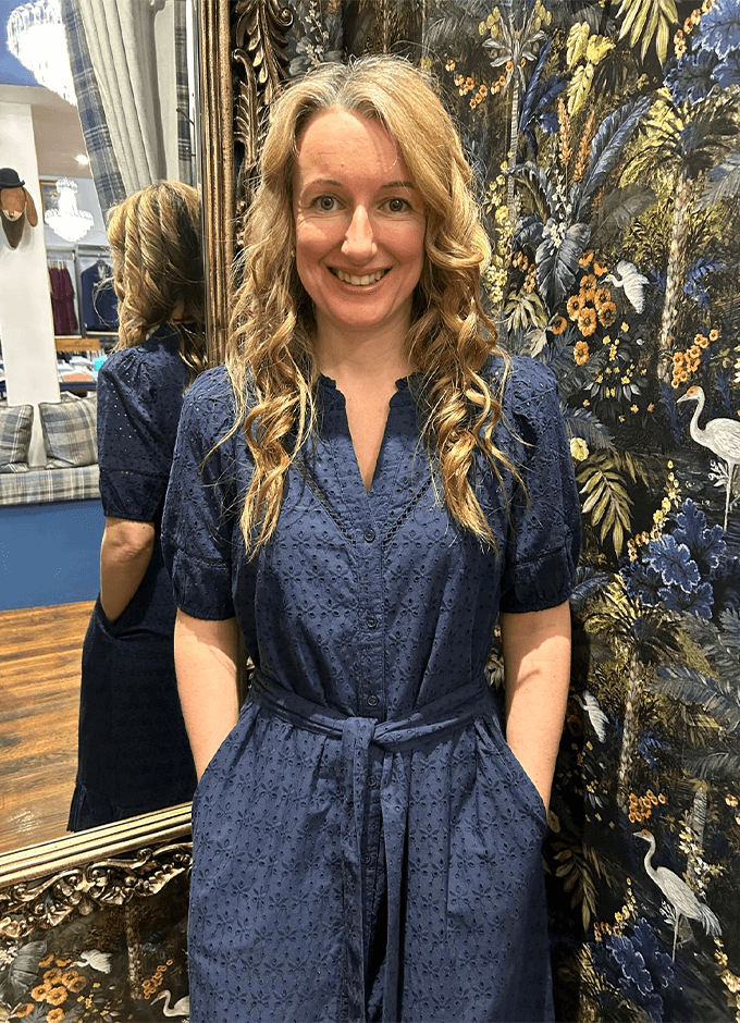 Susanna Short Sleeve Broderie Midi Dress| Navy