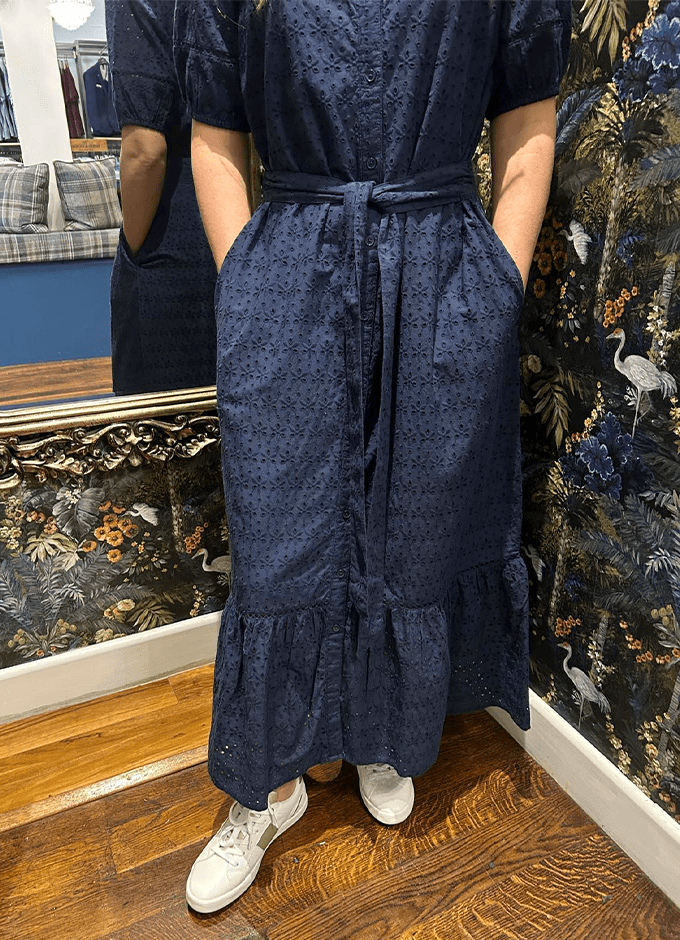 Susanna Short Sleeve Broderie Midi Dress| Navy