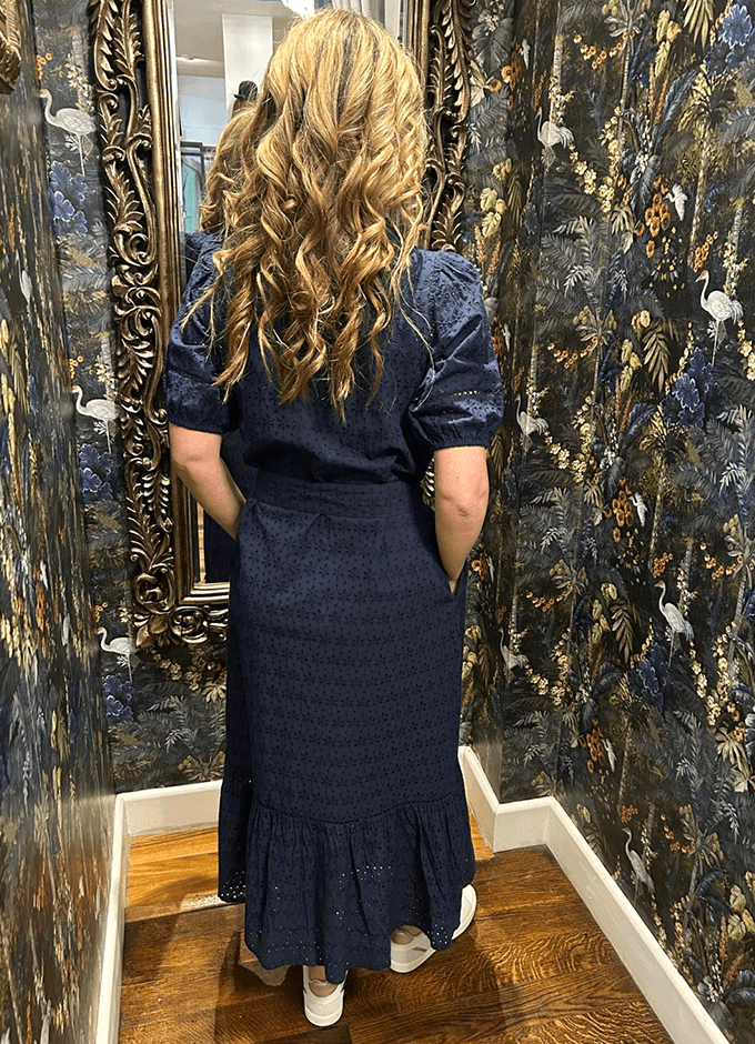 Susanna Short Sleeve Broderie Midi Dress| Navy
