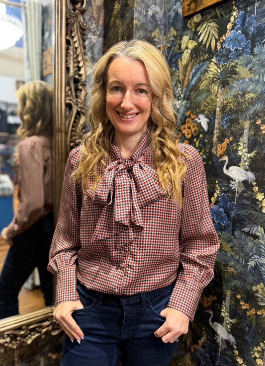 Tabby Check Tie Neck Blouse | Brown