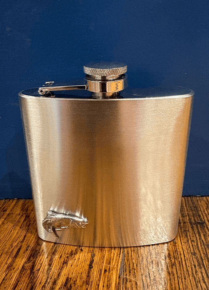 English Pewter | 6oz Stainless Steel Hip Flask | Pewter Fishing Trout Emblem