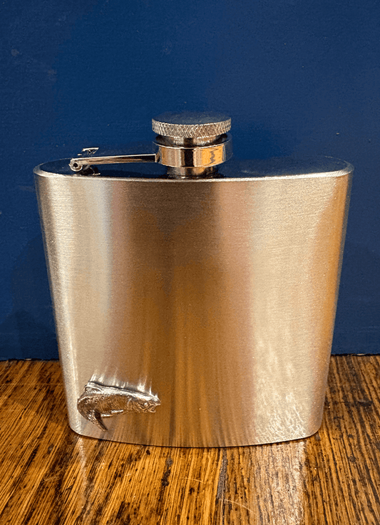 English Pewter | 6oz Stainless Steel Hip Flask | Pewter Fishing Trout Emblem