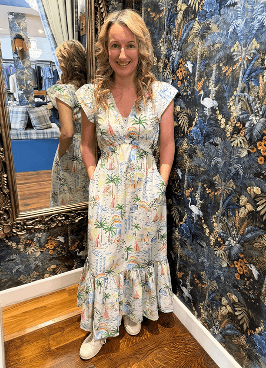 Winnie Coastal Scene Print Frill Shoulder Maxi Dress