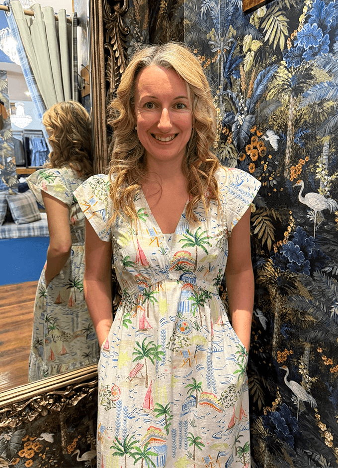Winnie Coastal Scene Print Frill Shoulder Maxi Dress